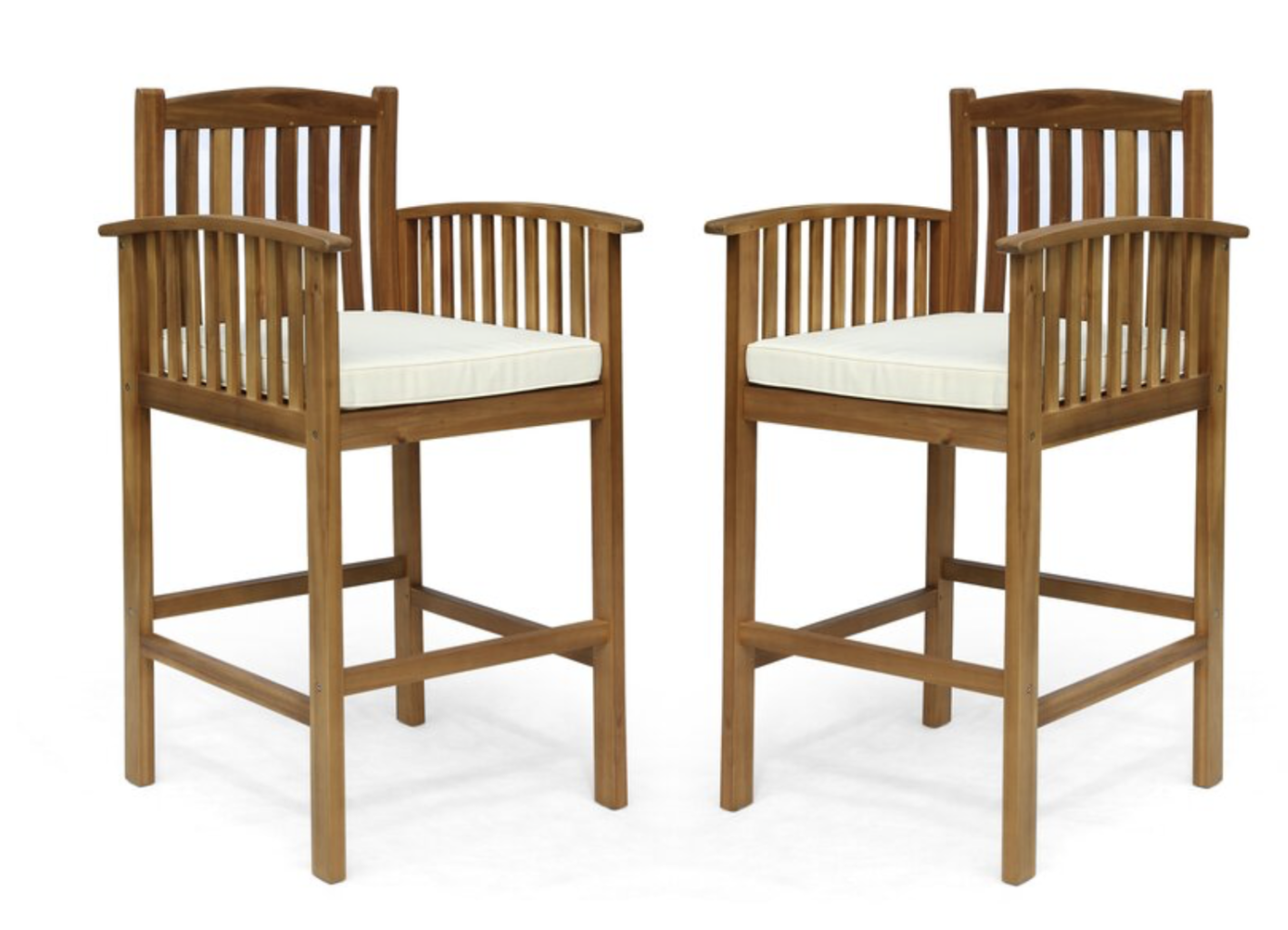 wood outdoor bar stools with white cushions